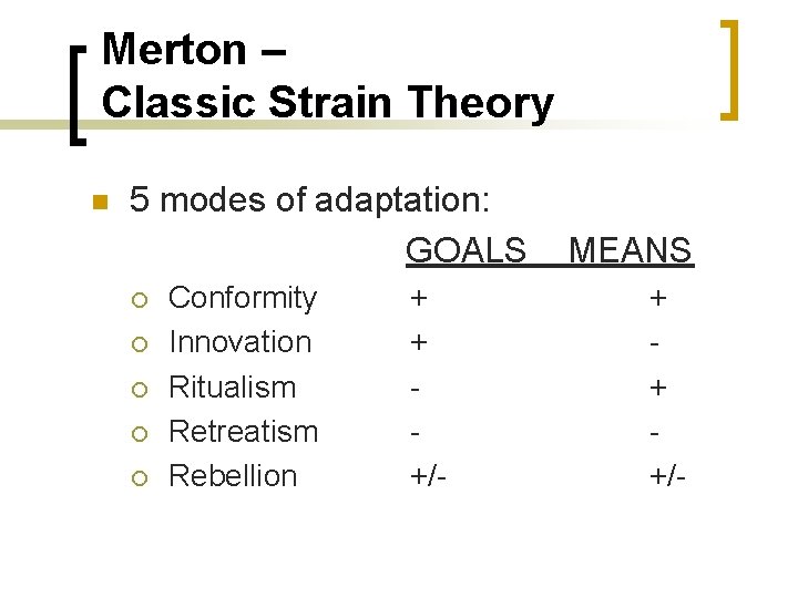 Merton – Classic Strain Theory n 5 modes of adaptation: GOALS ¡ ¡ ¡