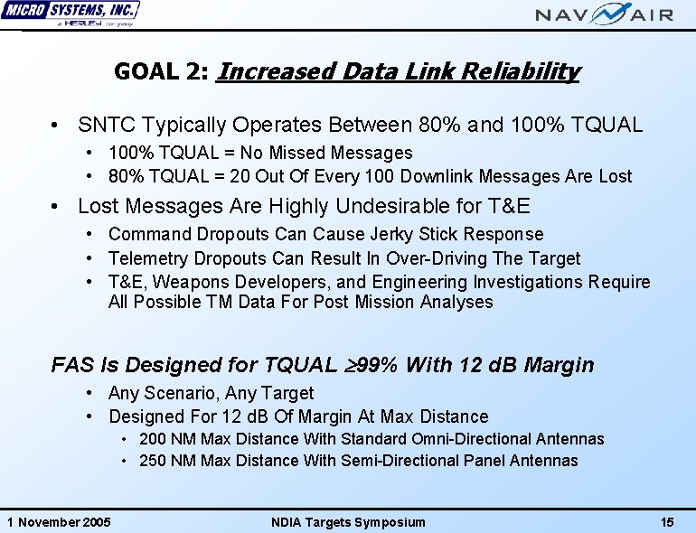 GOAL 2: Increased Data Link Reliability • SNTC Typically Operates Between 80% and 100%