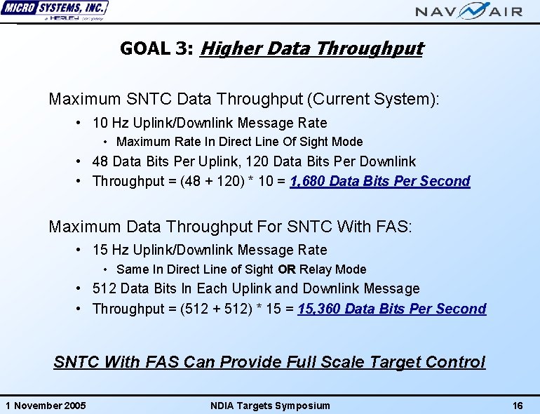GOAL 3: Higher Data Throughput Maximum SNTC Data Throughput (Current System): • 10 Hz