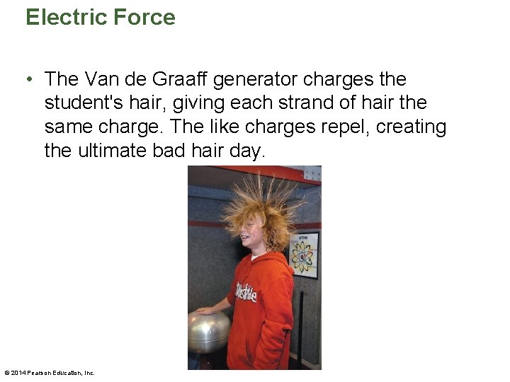 Electric Force • The Van de Graaff generator charges the student's hair, giving each