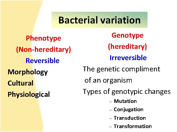 Bacterial variation Phenotype (Non-hereditary) Reversible Morphology Cultural Physiological Genotype (hereditary) Irreversible The genetic compliment