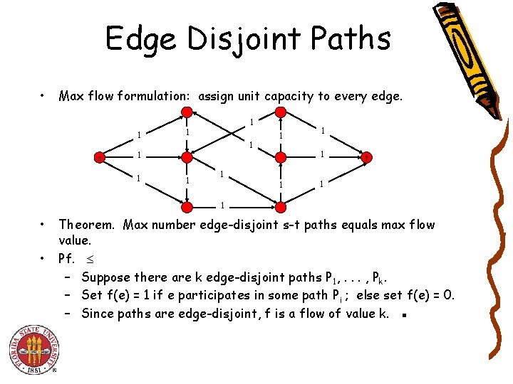 Edge Disjoint Paths • Max flow formulation: assign unit capacity to every edge. 1