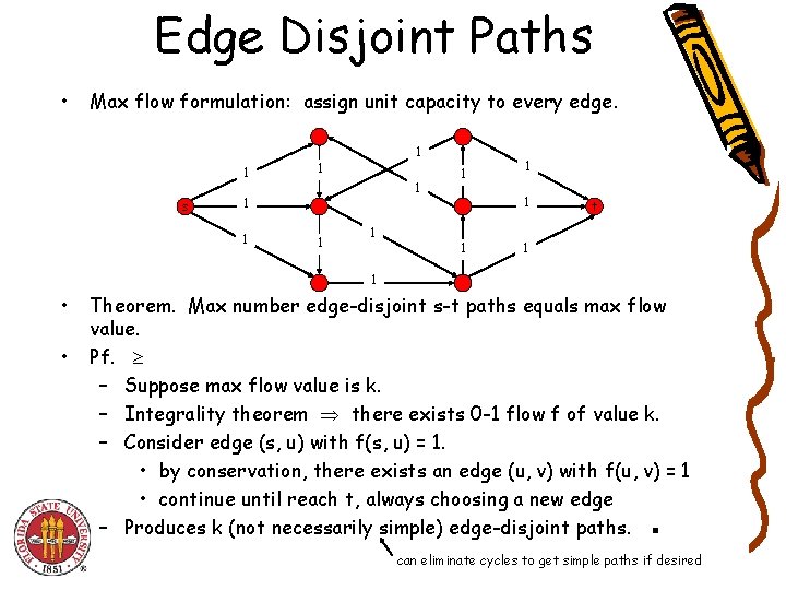 Edge Disjoint Paths • Max flow formulation: assign unit capacity to every edge. 1