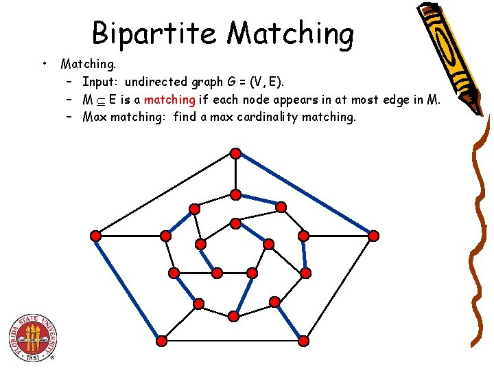 Bipartite Matching • Matching. – Input: undirected graph G = (V, E). – M