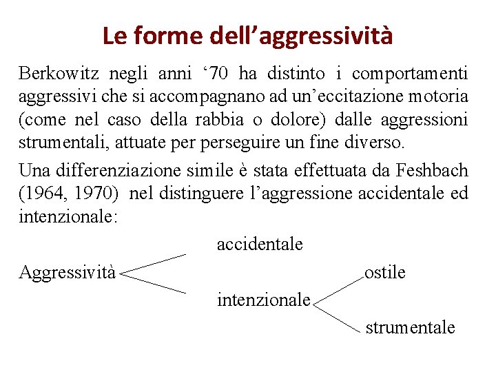 Le forme dell’aggressività Berkowitz negli anni ‘ 70 ha distinto i comportamenti aggressivi che