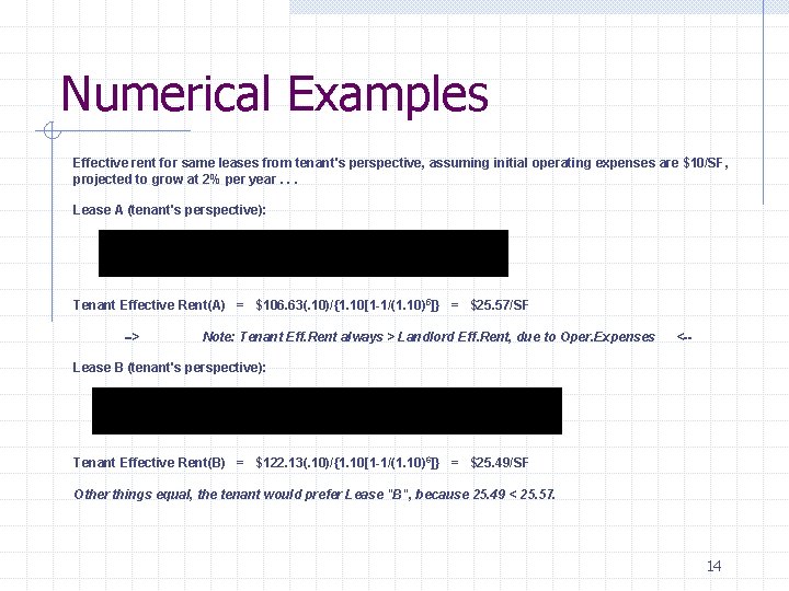 Numerical Examples Effective rent for same leases from tenant's perspective, assuming initial operating expenses