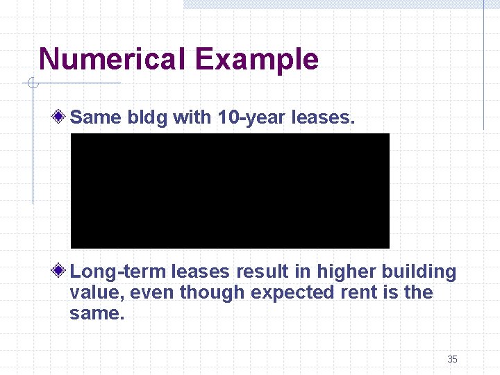 Numerical Example Same bldg with 10 -year leases. Long-term leases result in higher building