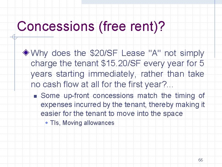 Concessions (free rent)? Why does the $20/SF Lease "A" not simply charge the tenant Concessions (free rent)? Why does the $20/SF Lease "A" not simply charge the tenant