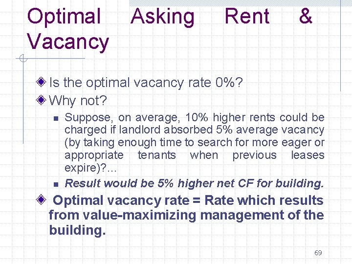 Optimal Asking Vacancy Rent & Is the optimal vacancy rate 0%? Why not? n Optimal Asking Vacancy Rent & Is the optimal vacancy rate 0%? Why not? n