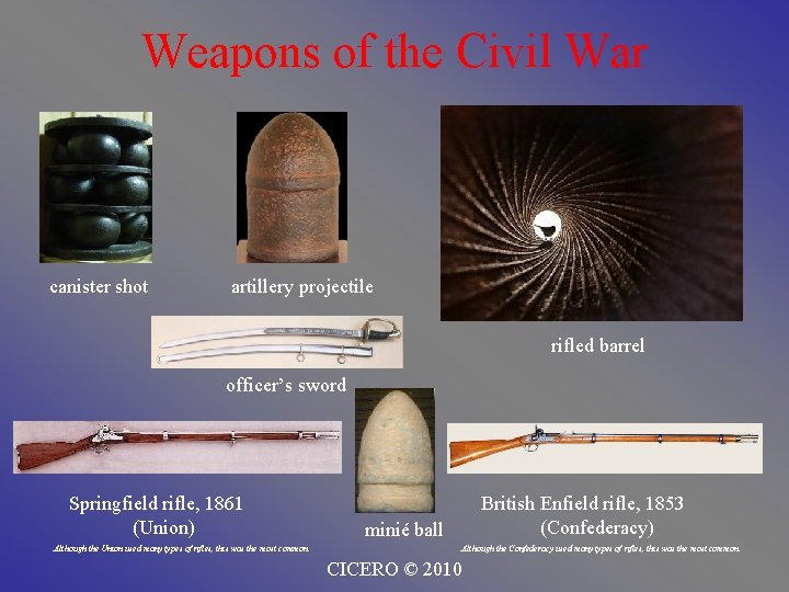 Weapons of the Civil War canister shot artillery projectile rifled barrel officer’s sword Springfield