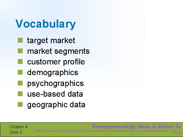 Vocabulary n n n n target market segments customer profile demographics psychographics use-based data