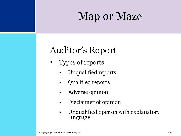 Map or Maze Auditor’s Report • Types of reports § Unqualified reports § Qualified