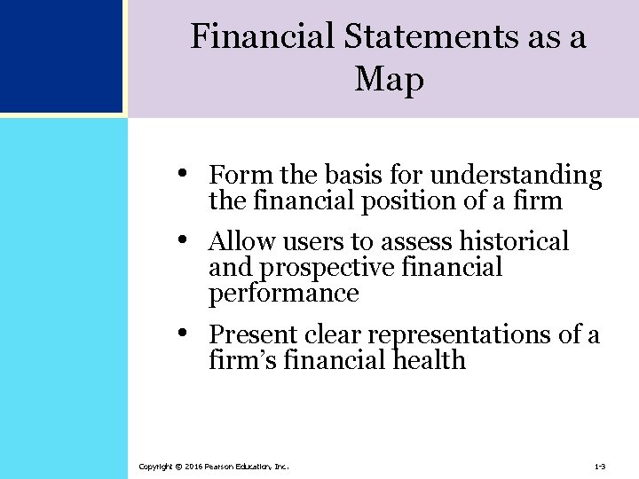 Financial Statements as a Map • Form the basis for understanding the financial position