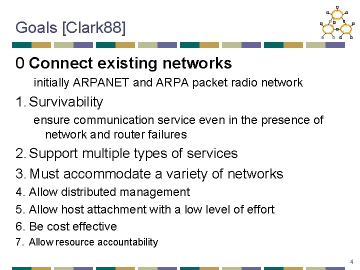 Goals [Clark 88] 0 Connect existing networks initially ARPANET and ARPA packet radio network