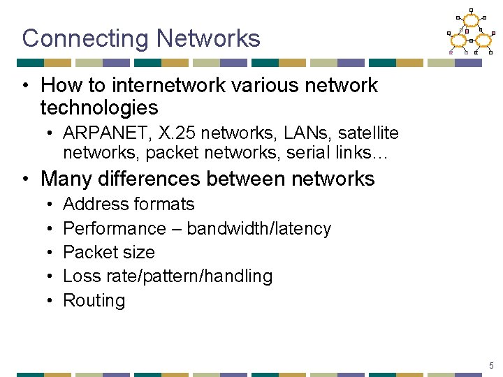 Connecting Networks • How to internetwork various network technologies • ARPANET, X. 25 networks,