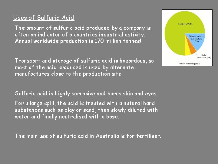 Uses of Sulfuric Acid The amount of sulfuric acid produced by a company is