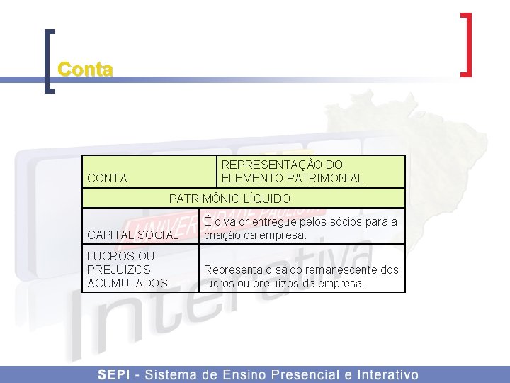 Conta REPRESENTAÇÃO DO ELEMENTO PATRIMONIAL CONTA PATRIMÔNIO LÍQUIDO CAPITAL SOCIAL É o valor entregue