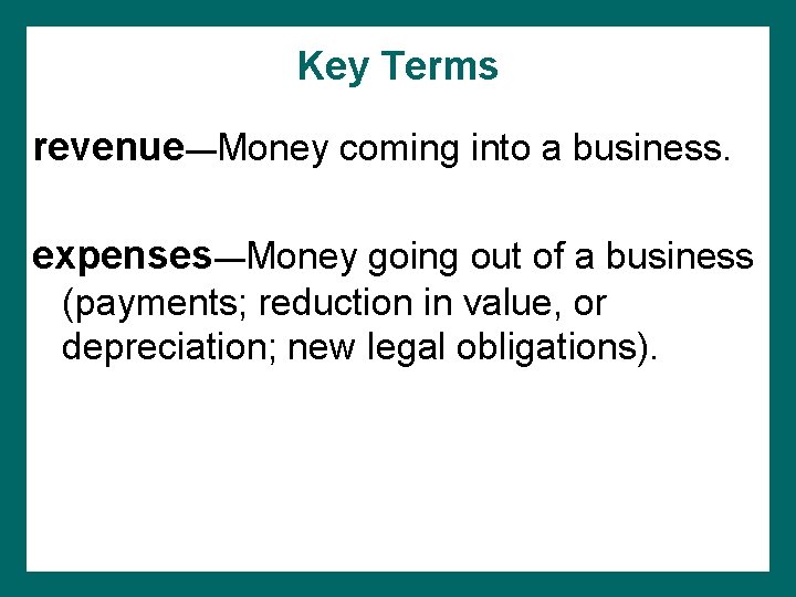 Key Terms revenue—Money coming into a business. expenses—Money going out of a business (payments;