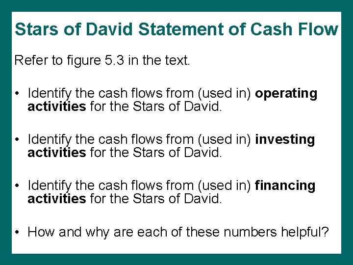 Stars of David Statement of Cash Flow Refer to figure 5. 3 in the