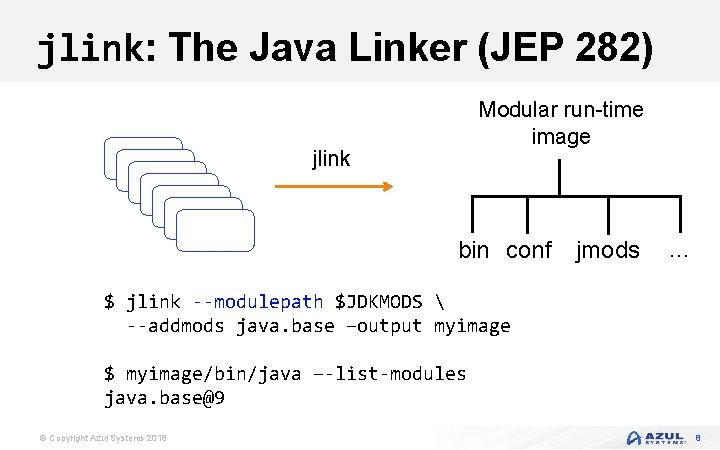 jlink: The Java Linker (JEP 282) Modular run-time image jlink bin conf jmods …