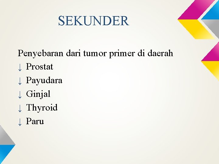 SEKUNDER Penyebaran dari tumor primer di daerah ↓ Prostat ↓ Payudara ↓ Ginjal ↓
