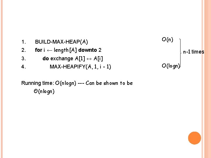 1. BUILD-MAX-HEAP(A) 2. for i ← length[A] downto 2 3. do exchange A[1] ↔