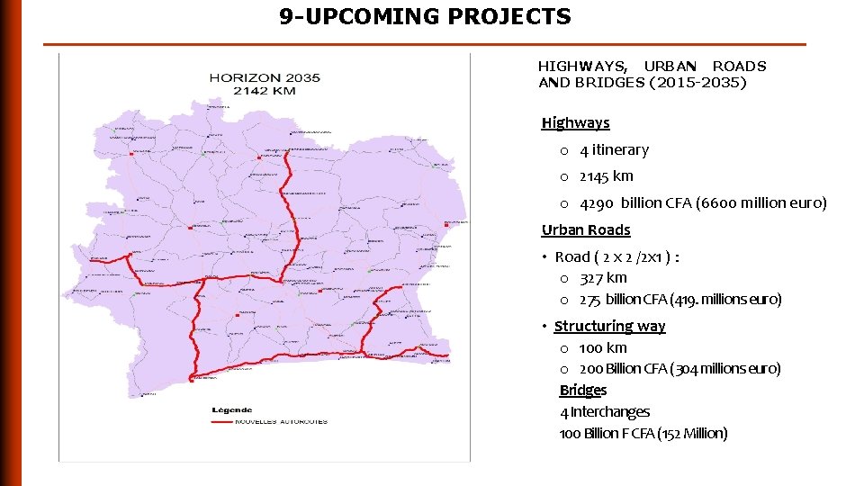 9 -UPCOMING PROJECTS HIGHWAYS, URBAN ROADS AND BRIDGES (2015 -2035) Highways o 4 itinerary