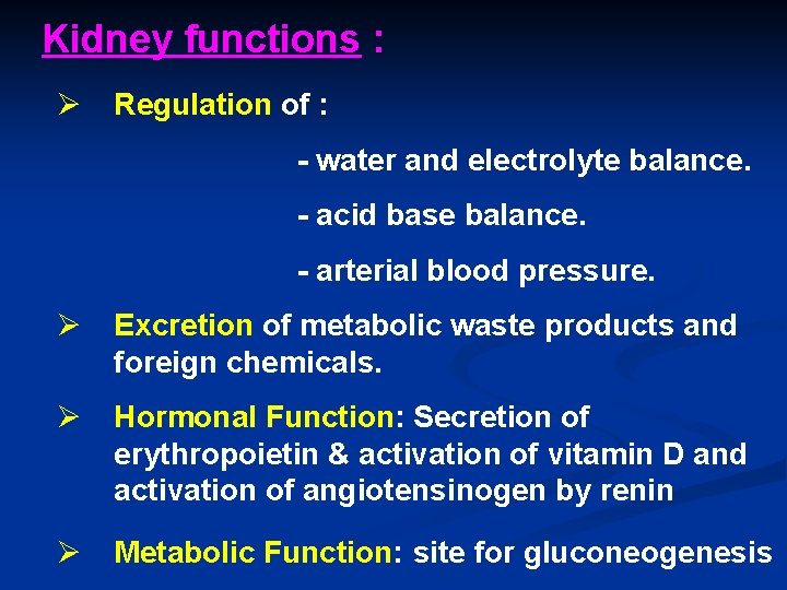 Kidney functions : Ø Regulation of : - water and electrolyte balance. - acid Kidney functions : Ø Regulation of : - water and electrolyte balance. - acid
