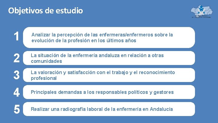 Objetivos de estudio 1 2 3 4 5 Analizar la percepción de las enfermeras/enfermeros Objetivos de estudio 1 2 3 4 5 Analizar la percepción de las enfermeras/enfermeros