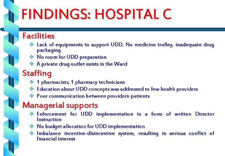 FINDINGS: HOSPITAL C Facilities v Lack of equipments to support UDD. No medicine trolley,
