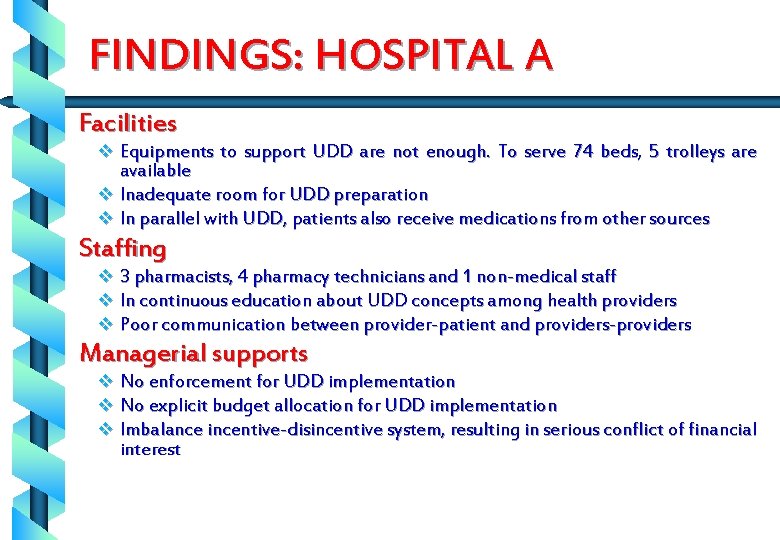 FINDINGS: HOSPITAL A Facilities v Equipments to support UDD are not enough. To serve