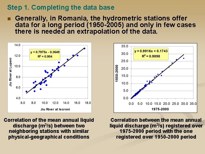 Step 1. Completing the data base n Generally, in Romania, the hydrometric stations offer