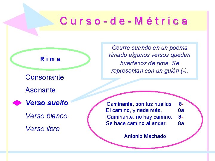 Curso-de-Métrica Rima Consonante Ocurre cuando en un poema rimado algunos versos quedan huérfanos de