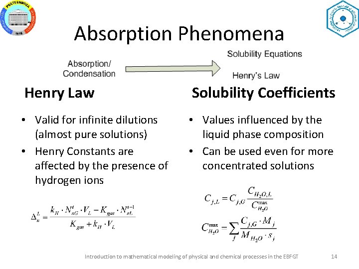 Absorption Phenomena Henry Law Solubility Coefficients • Valid for infinite dilutions (almost pure solutions)