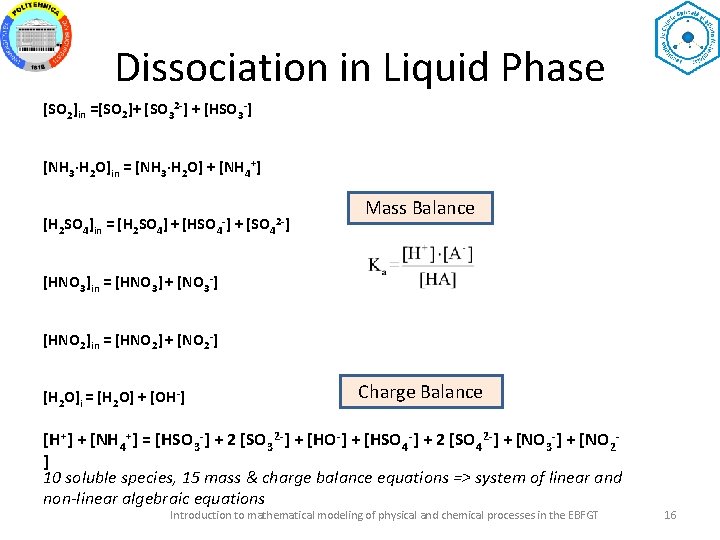 Dissociation in Liquid Phase [SO 2]in =[SO 2]+ [SO 32 - ] + [HSO