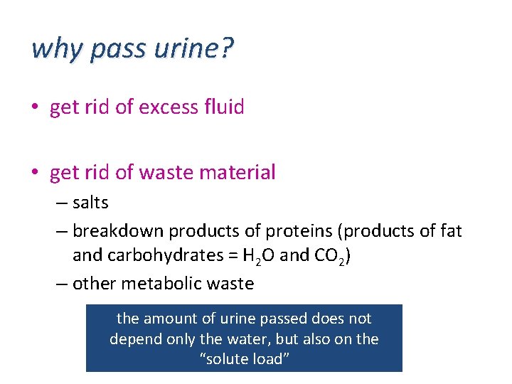 why pass urine? • get rid of excess fluid • get rid of waste why pass urine? • get rid of excess fluid • get rid of waste