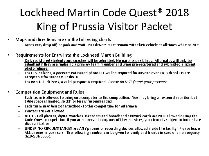 Lockheed Martin Code Quest® 2018 King of Prussia Visitor Packet • Maps and directions