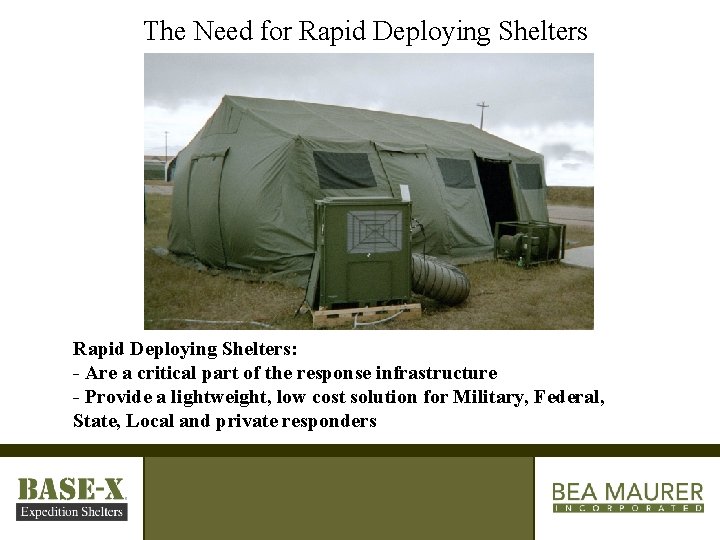 The Need for Rapid Deploying Shelters: - Are a critical part of the response
