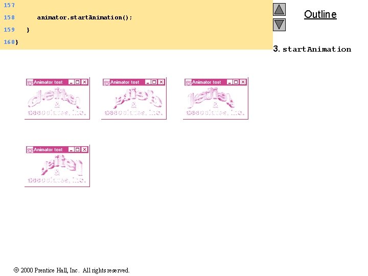 157 158 159 animator. start. Animation(); Outline } 160 } 2000 Prentice Hall, Inc.