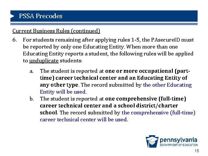PSSA Precodes Current Business Rules (continued) 6. For students remaining after applying rules 1