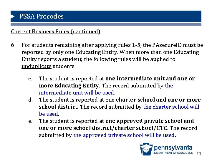 PSSA Precodes Current Business Rules (continued) 6. For students remaining after applying rules 1