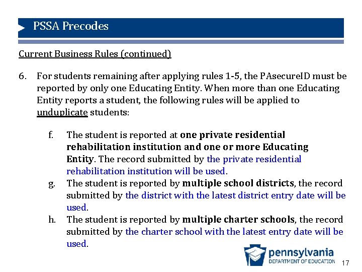 PSSA Precodes Current Business Rules (continued) 6. For students remaining after applying rules 1