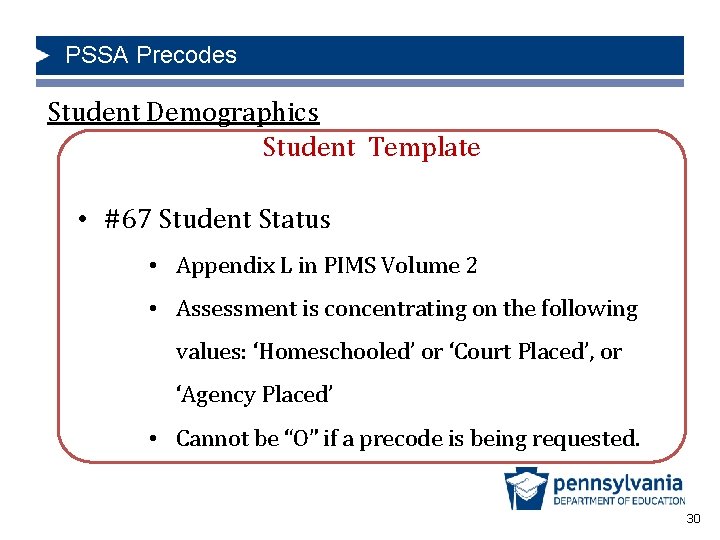 PSSA Precodes Student Demographics Student Template • #67 Student Status • Appendix L in