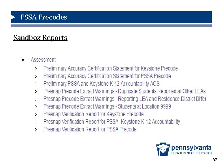 PSSA Precodes Sandbox Reports 37 