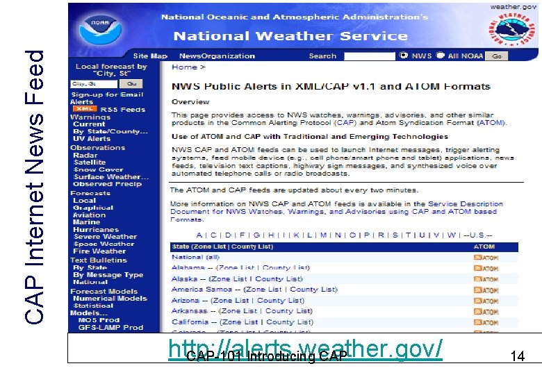 CAP Internet News Feed http: //alerts. weather. gov/ CAP-101 Introducing CAP 14 