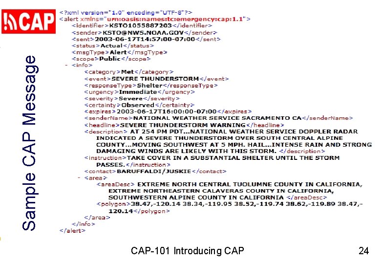 Sample CAP Message CAP-101 Introducing CAP 24 