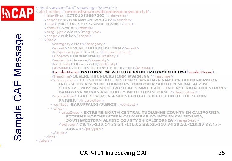 Sample CAP Message CAP-101 Introducing CAP 25 