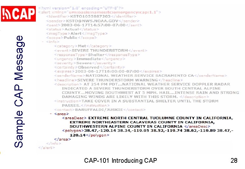 Sample CAP Message CAP-101 Introducing CAP 28 