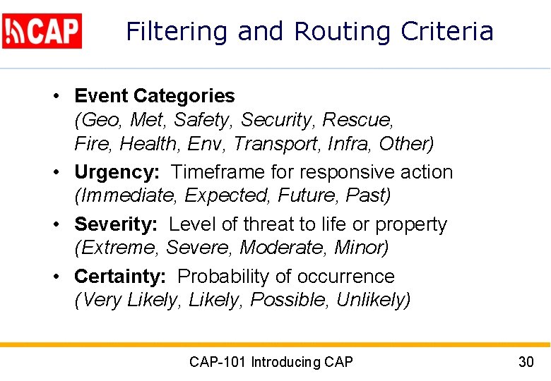 Filtering and Routing Criteria • Event Categories (Geo, Met, Safety, Security, Rescue, Fire, Health,