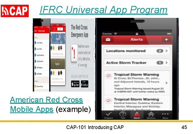 IFRC Universal App Program American Red Cross Mobile Apps (example) CAP-101 Introducing CAP 45